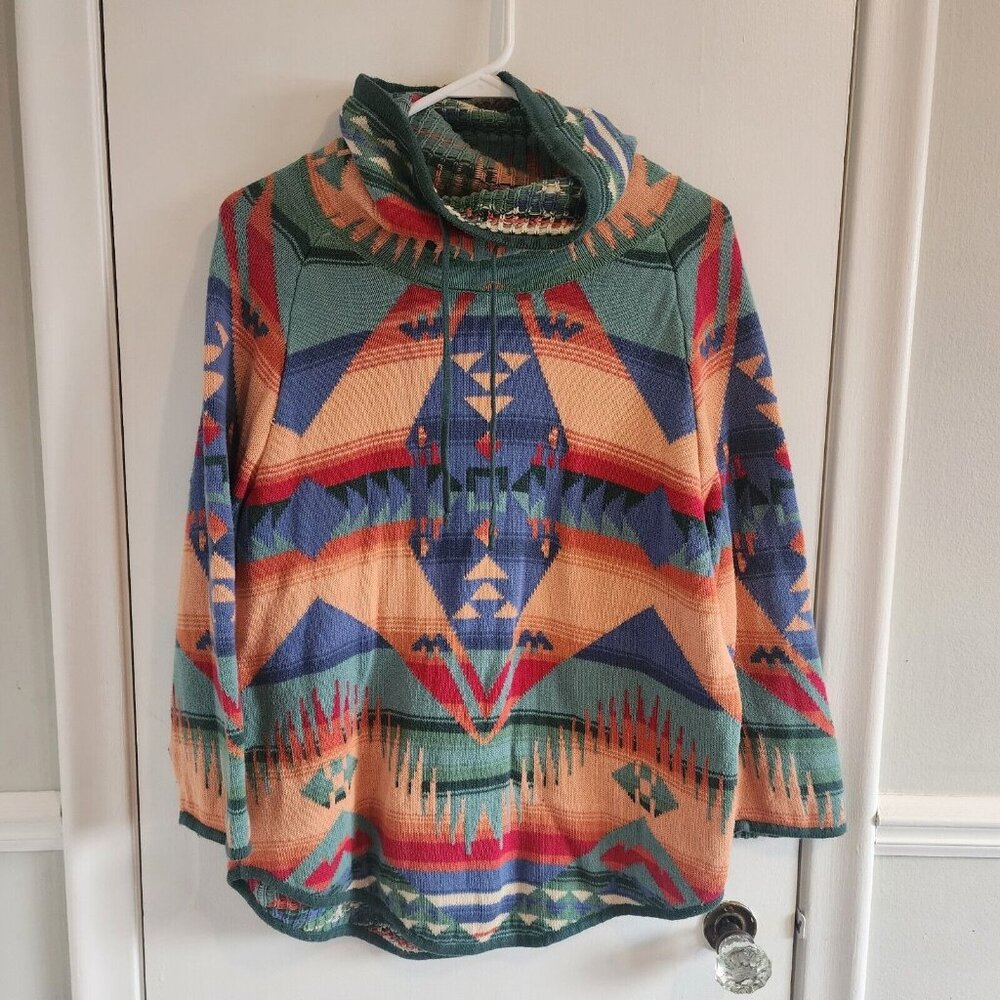 Chaps Ralph Lauren Sz Large Southwestern Aztec Sweater 3/4 Sleeves  Cowl Neck